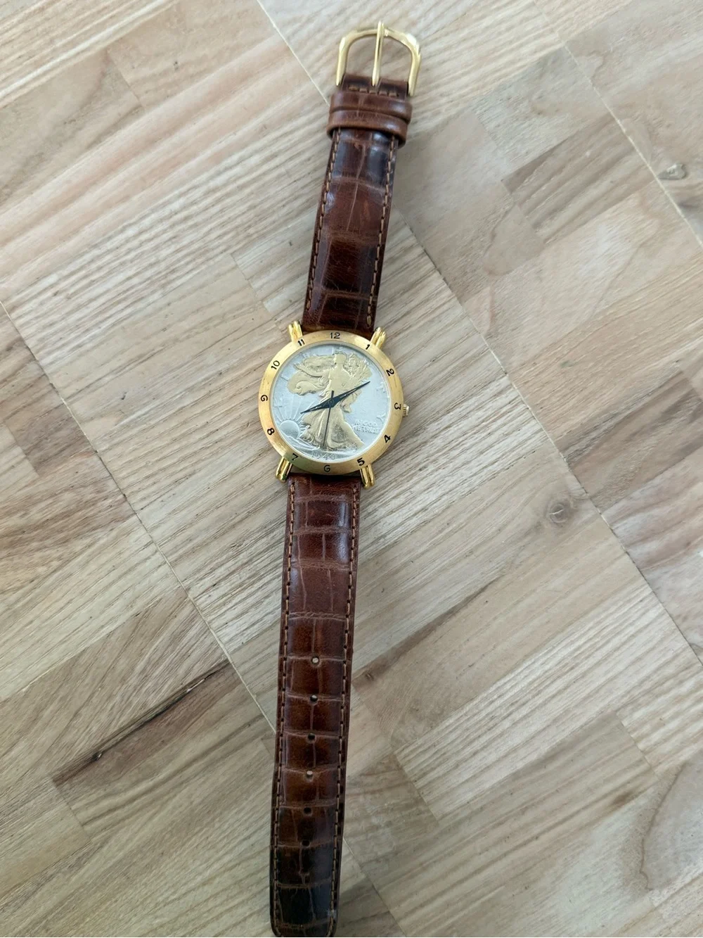 Brittania 1940 Walking Liberty Coin Watch Two-Tone Dial Gold Case Leather Strap